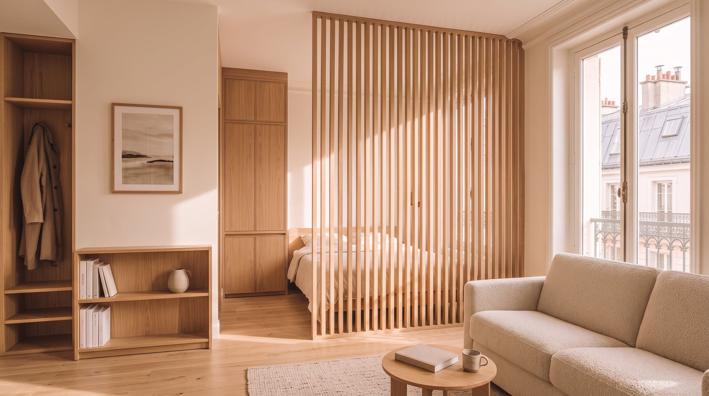 Slatted oak screen dividing a sitting area from a bed area in a small Paris studio, sunlight through the battens