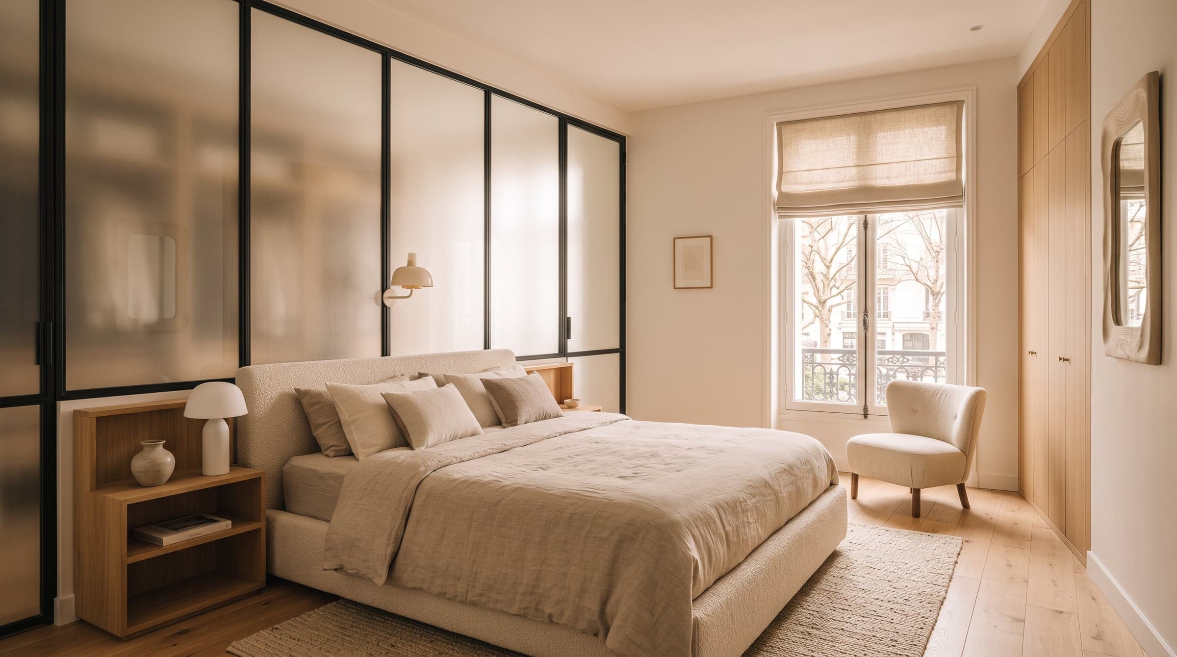 Chambre avec une verrière en verre sablé donnant sur un dressing, lumière diffuse et intimité préservée