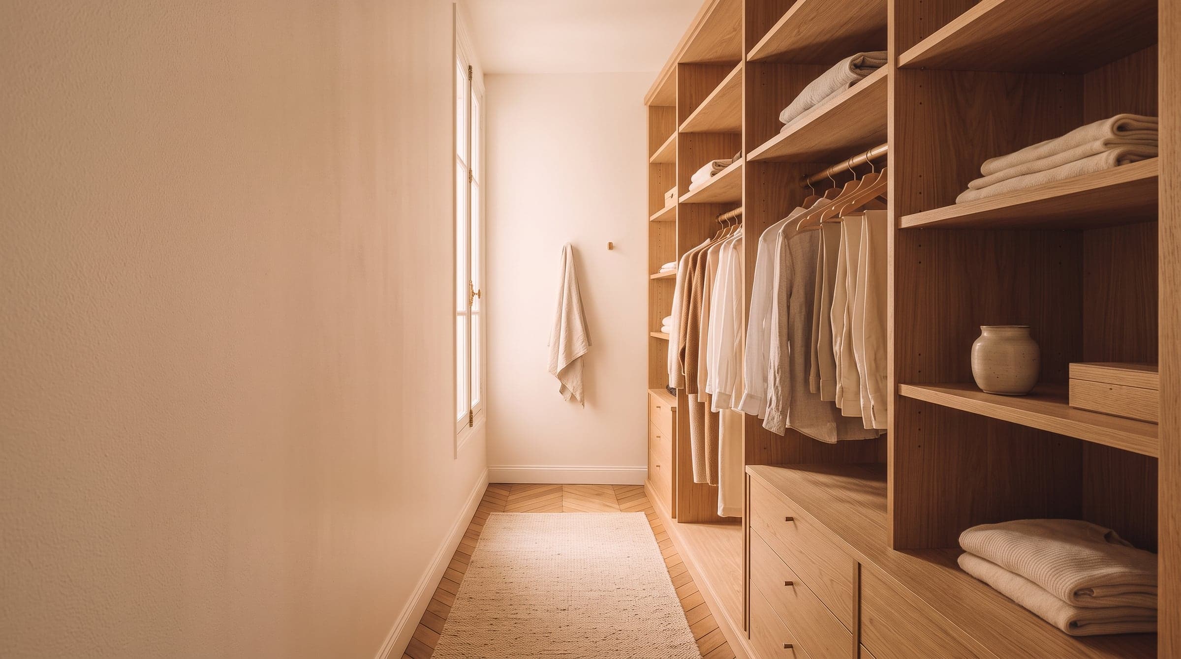 Narrow single-sided walk-in closet with oak shelves reaching the ceiling and a fitted aisle running along one wall