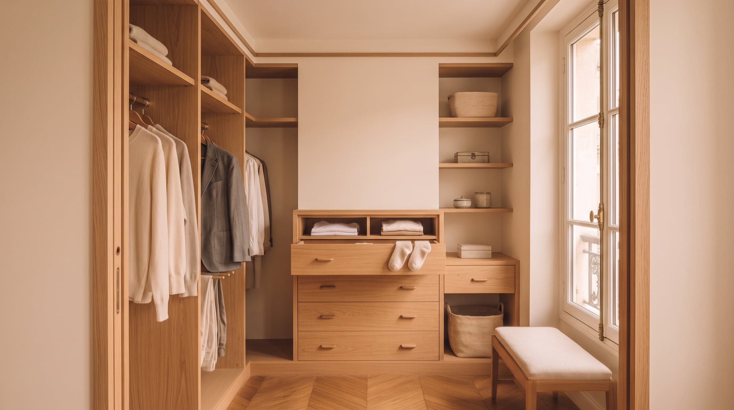 Small former spare room converted into a walk-in closet, doorless opening framed in oak, rails and drawers on both sides