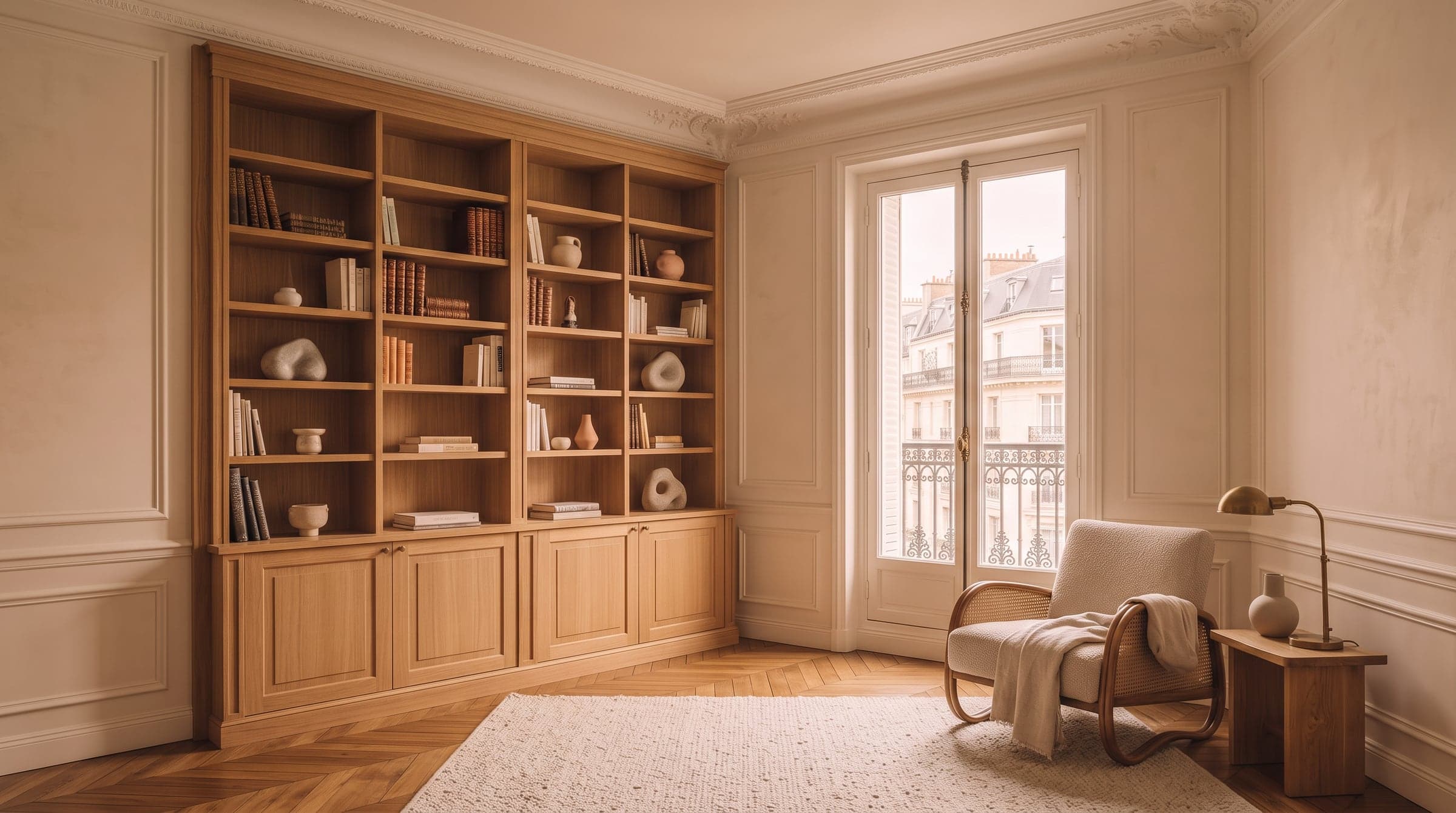 Oak floor-to-ceiling bookcase built into an alcove beside a fireplace, cream walls and a ceiling moulding