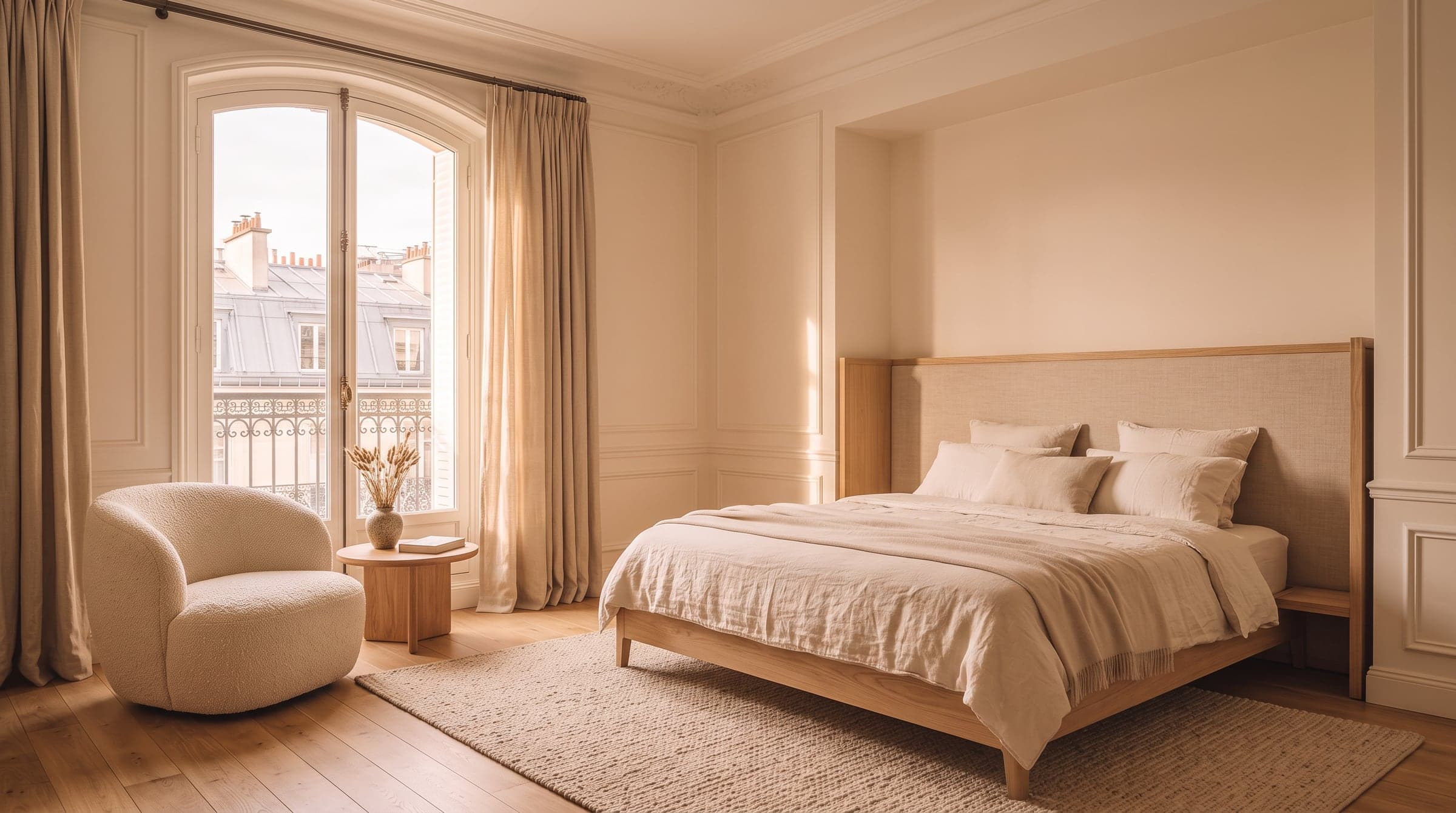 Bedroom corner with a bouclé armchair, a linen curtain and an oak headboard catching warm afternoon light