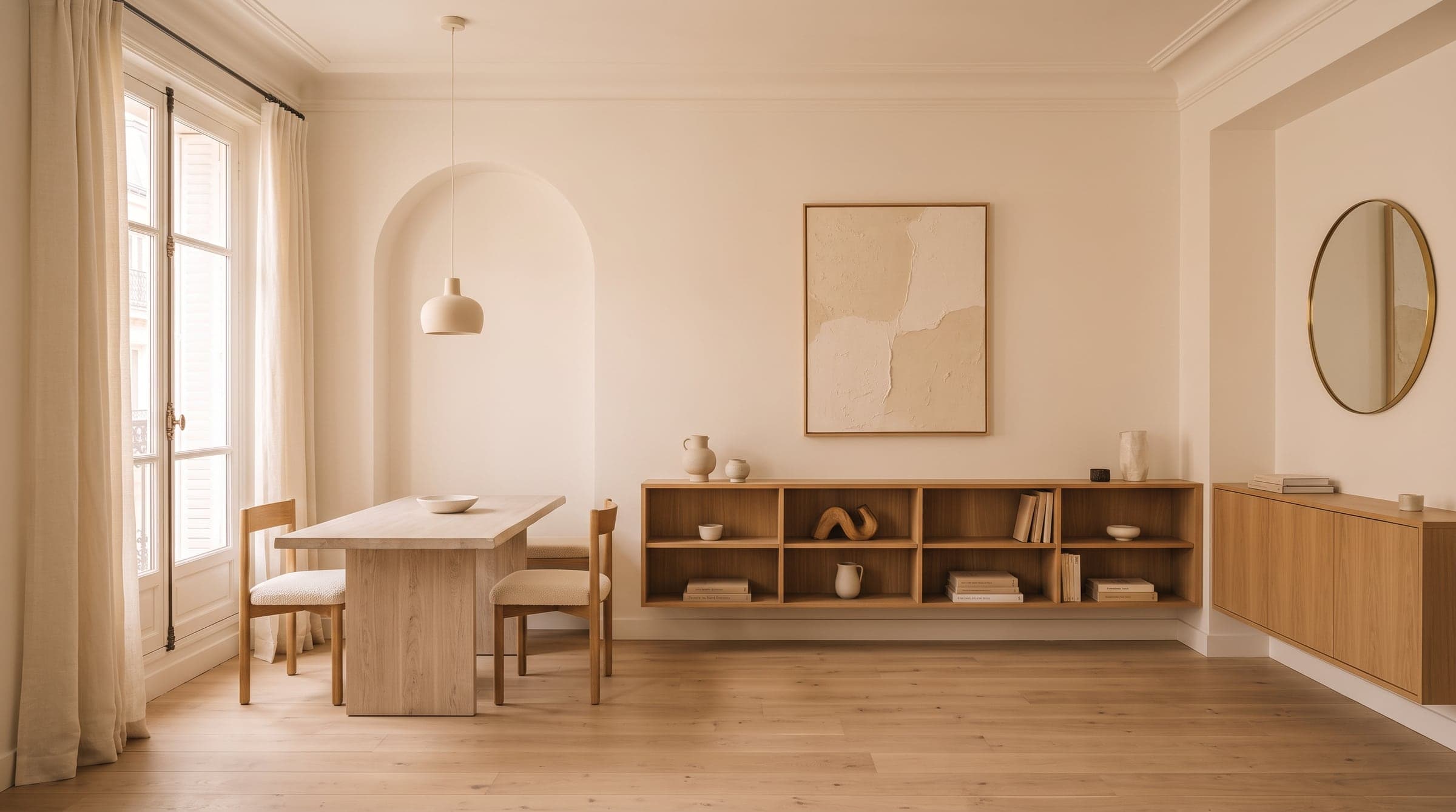 Bright Paris living room shown as a finished perspective, oak floor and cream walls, furniture in its exact drawn place